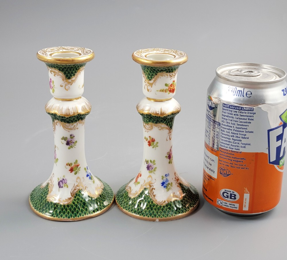 Small Pair of Porcelain Candlesticks, Karl Richard Klemm, Dresden, c.1895, Green Fishnet Design View IX