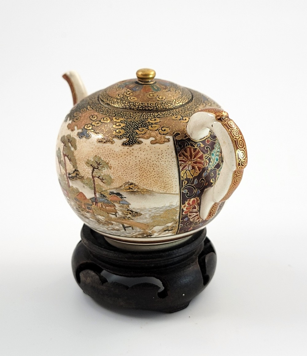 Small Japanese Satsuma Teapot, Kyoto School, Meiji Period, c.1885, with Stand View VI