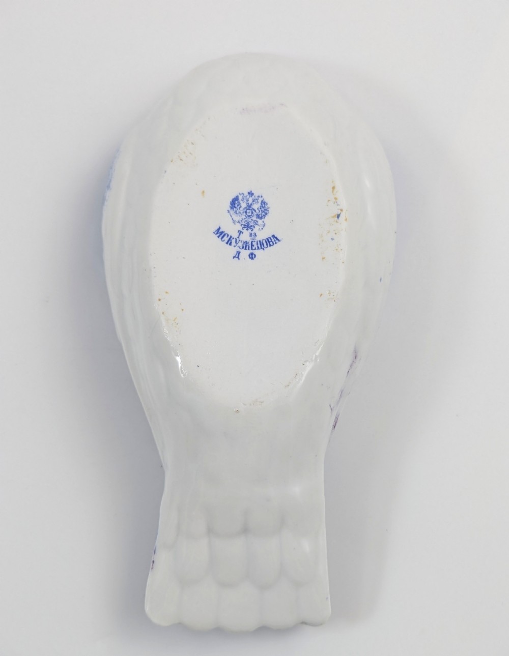 A late nineteenth-century Imperial Russian porcelain butter dish shaped as a seated bird with pink, purple, and blue stippled decoration. View IX