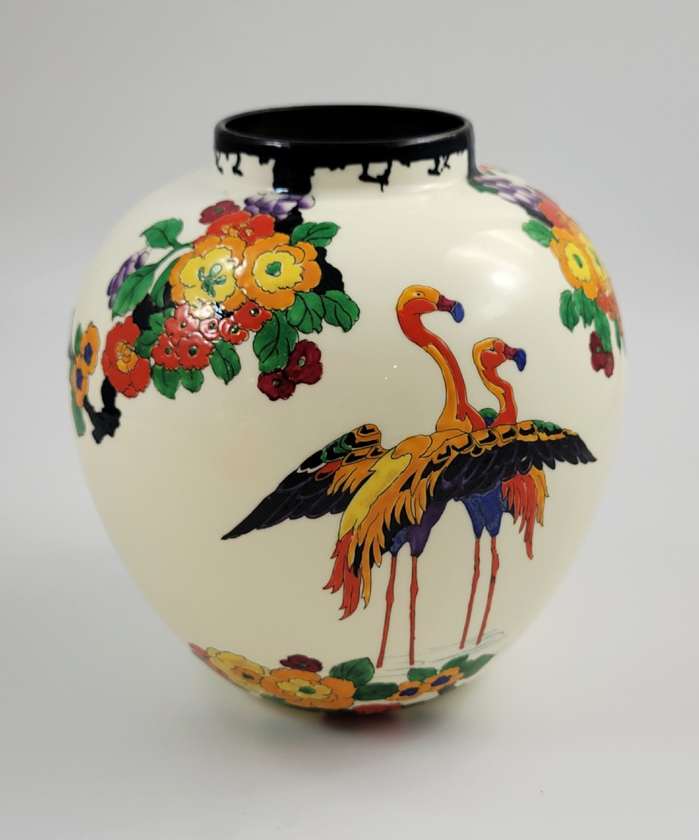Royal Doulton Mandarin Ware Vase, Flamingo by R. Allen, White, c.1920
