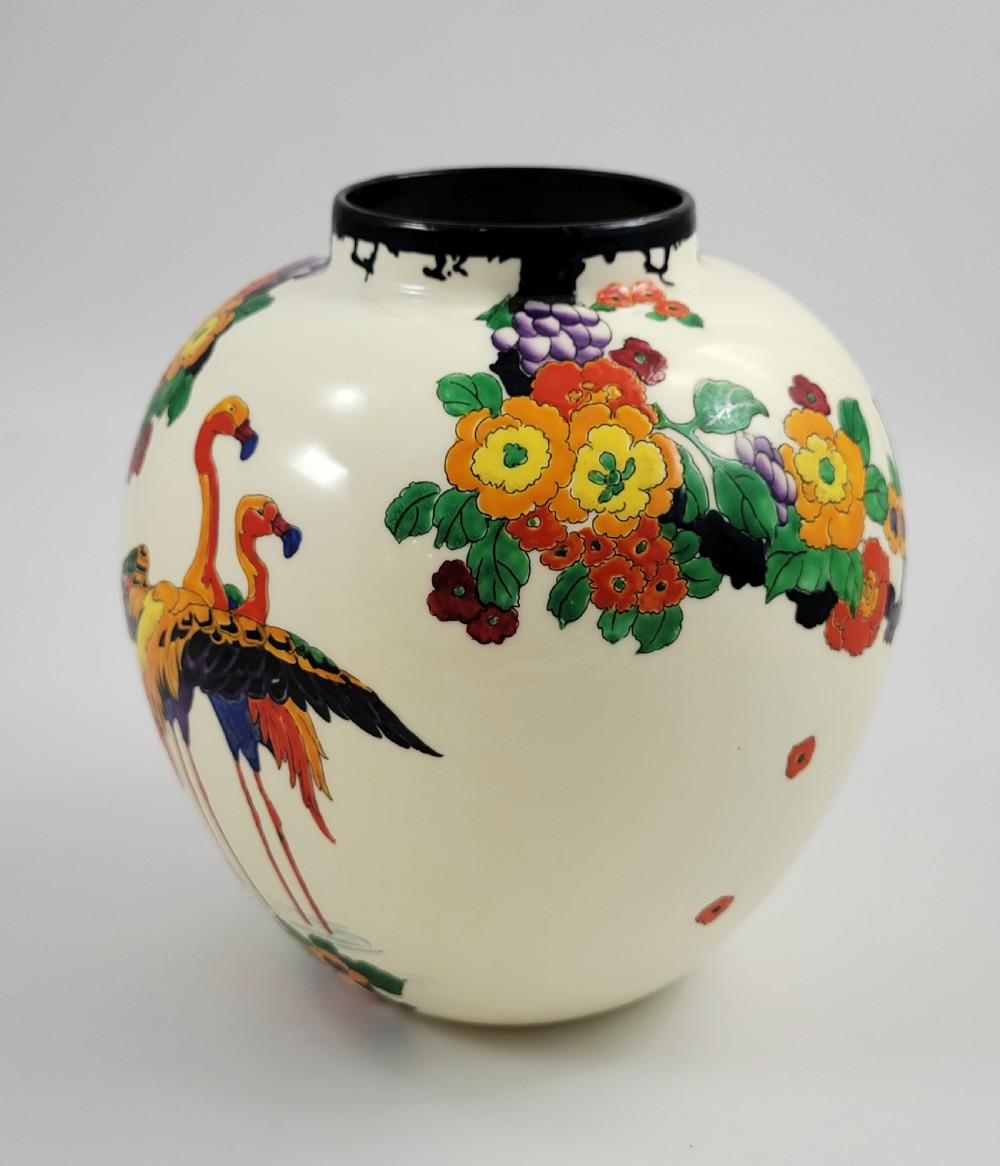 Royal Doulton Mandarin Ware Vase, Flamingo by R. Allen, White, c.1920 View II