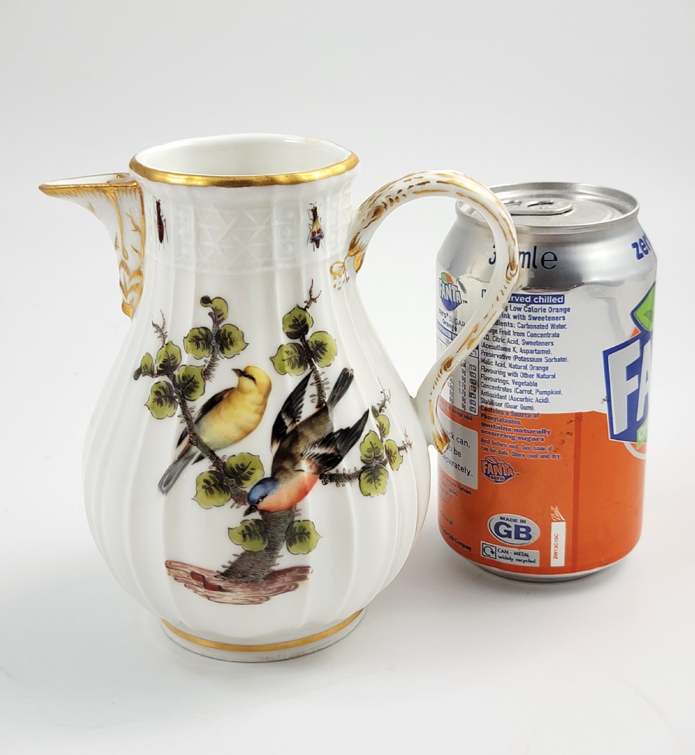 A white ribbed porcelain jug decorated with hand-painted birds, insects, and gilding along the spout and handle. View X