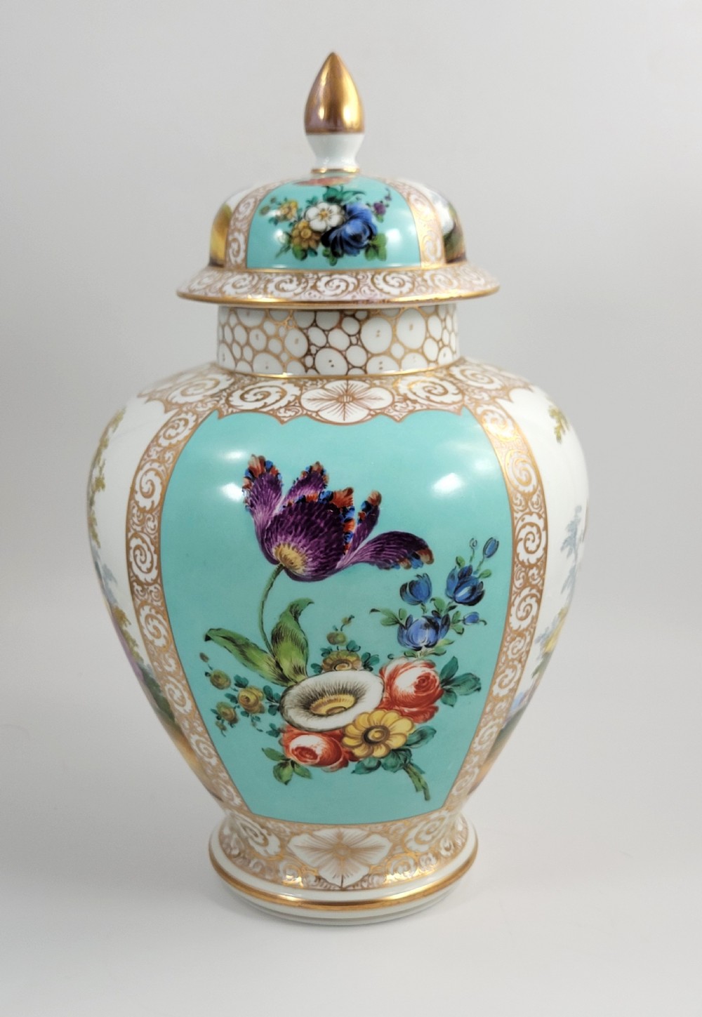 A 19th-century Dresden porcelain lidded vase featuring turquoise ground panels, gilded scrollwork, and hand-painted Watteau pastoral scenes. View III