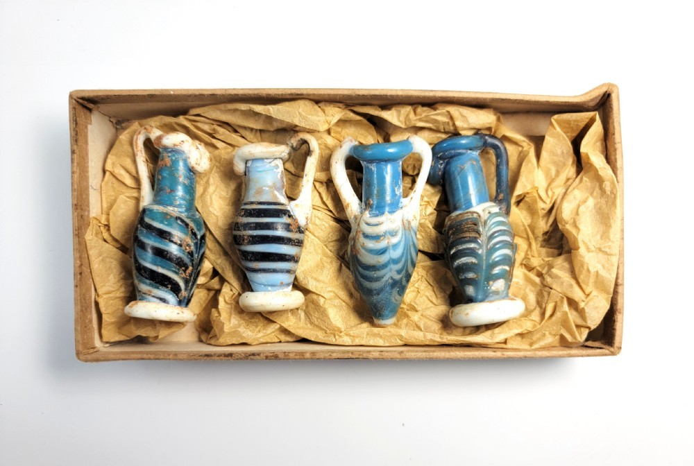 Set of 4 Ancient Roman Glass Unguentaria, Provenance, Early Industrial Cleveland Box, 2nd–3rd c AD