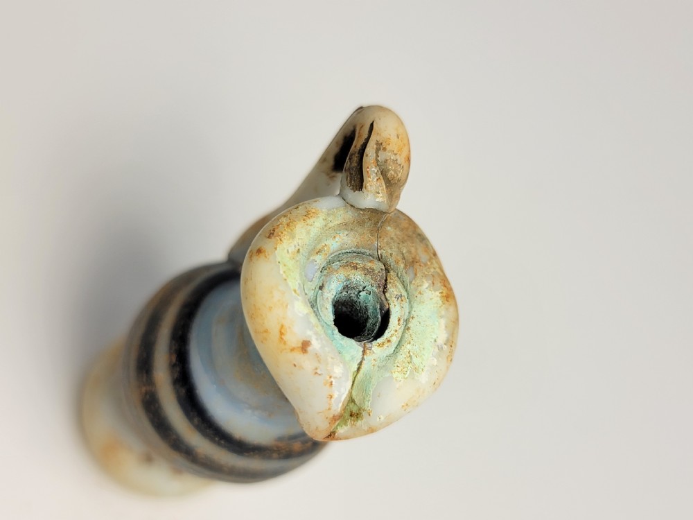 A set of four small ancient Roman glass unguentaria with blue bodies, white trailed decoration, and small handles resting inside a cardboard box. View XIII