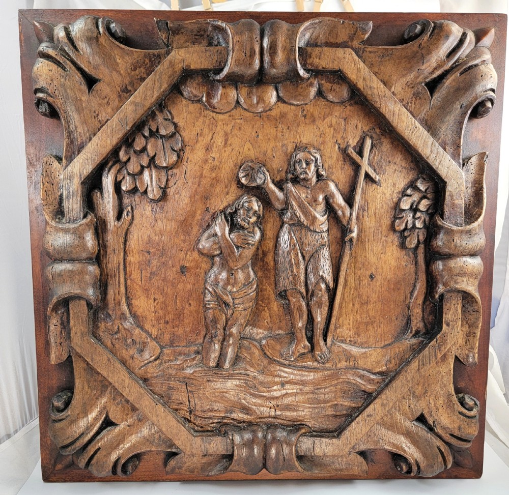 A Monumental French Baroque Walnut Panel, The Baptism of Christ, 17th Century