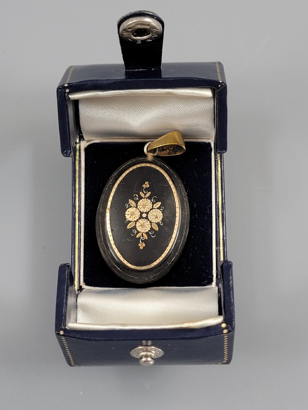Victorian tortoiseshell piqué pendant, gold inlay floral panel, c.1860