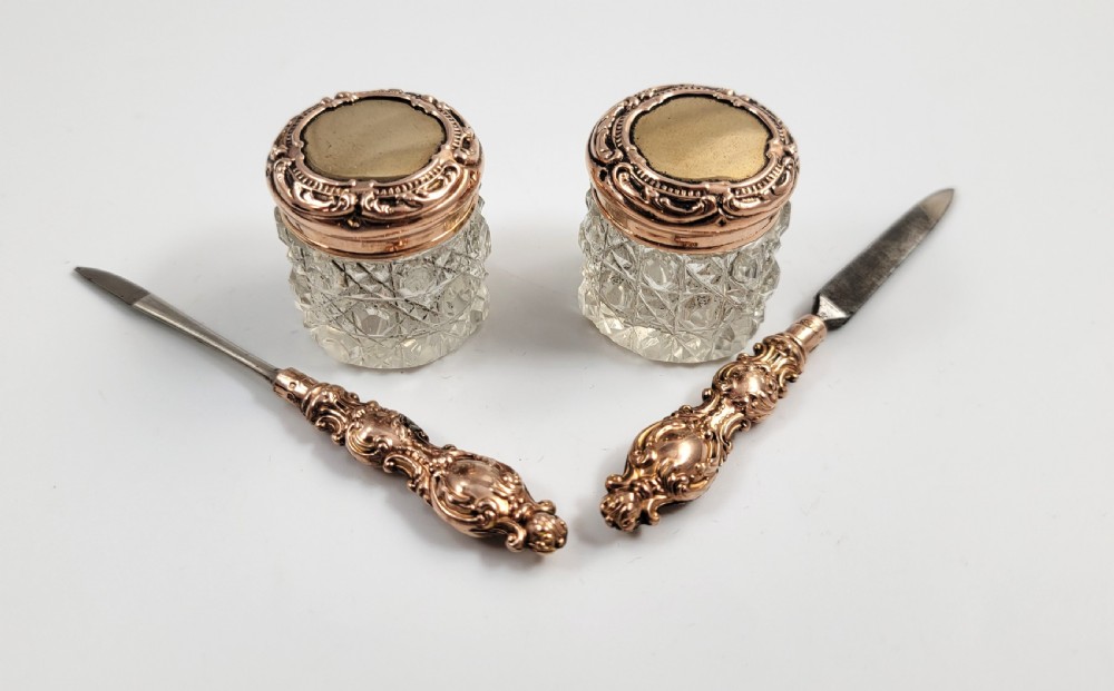 A Superb Antique English 9ct Gold & Crystal Vanity Set by Levi & Salaman, Birmingham 1900