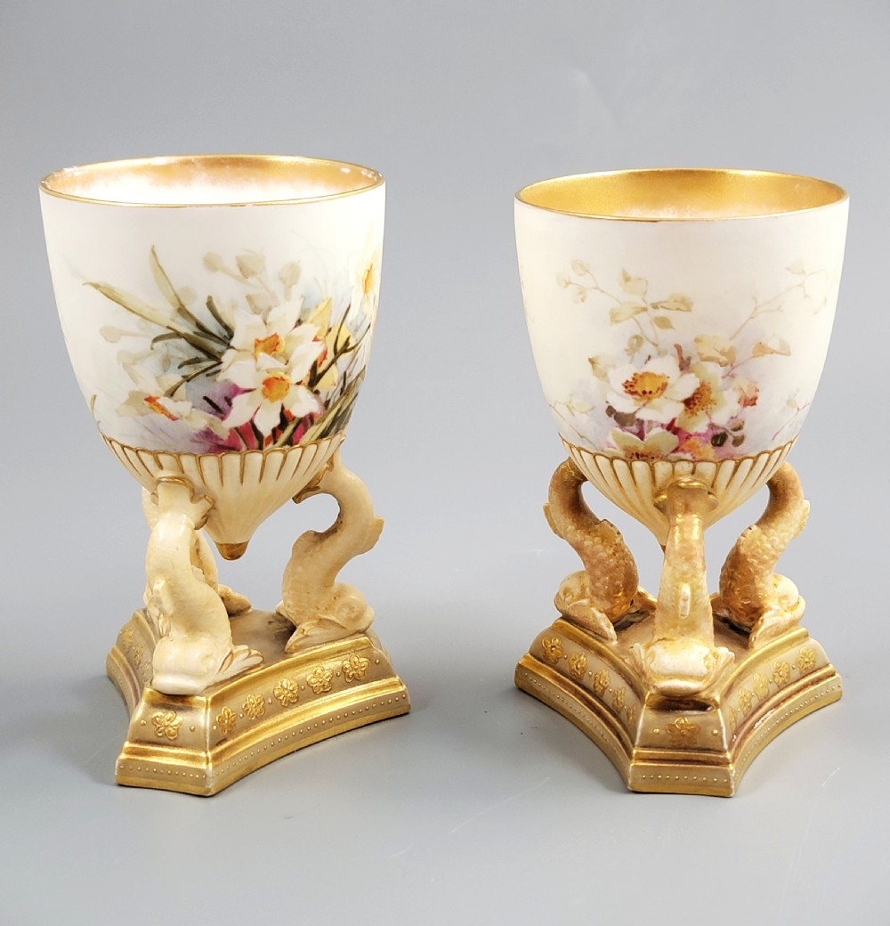 Doulton Burslem Pair of Beaker-Form Vases with Three-Dolphin Bases, c.1891