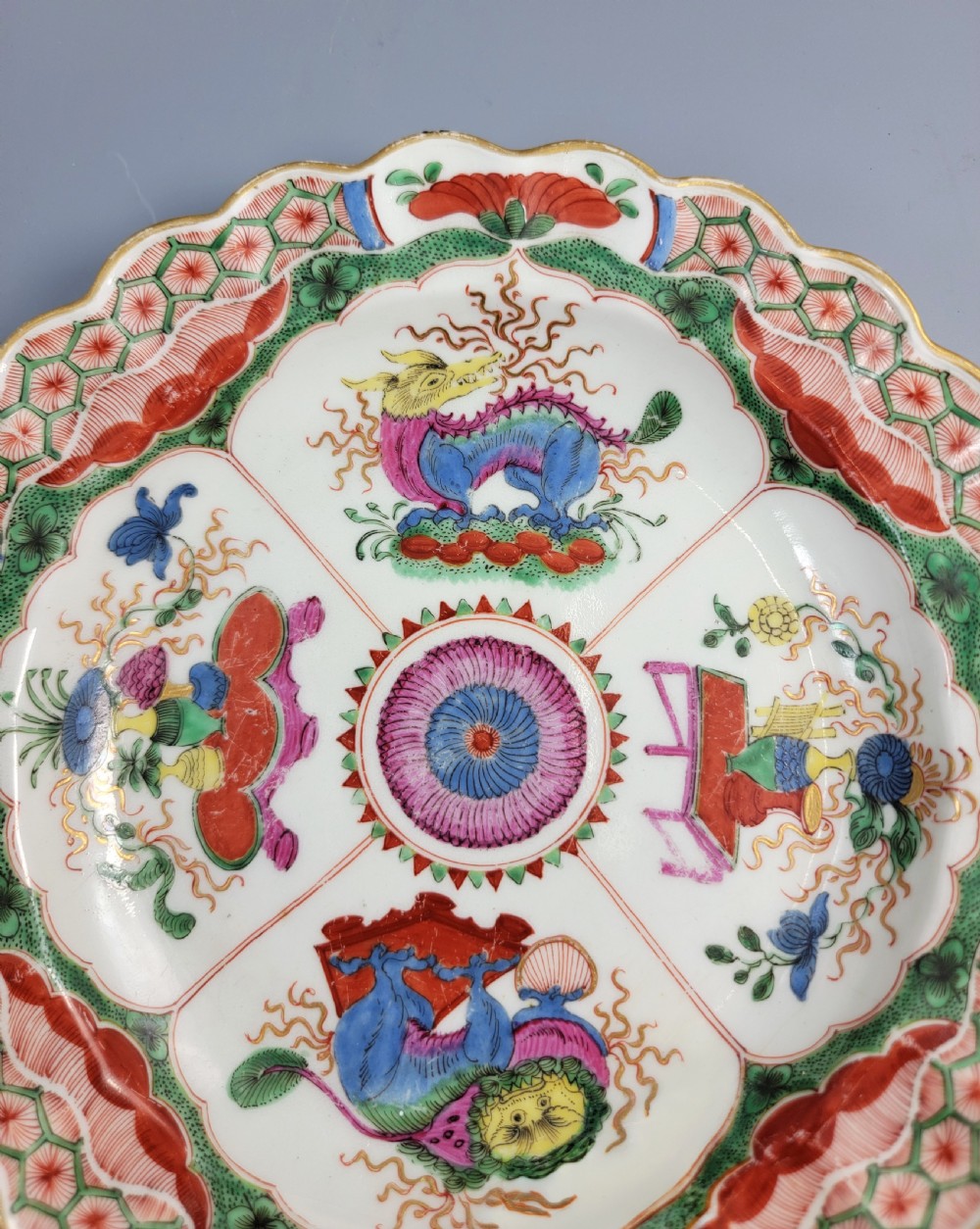 Rare Worcester Fluted Plate, “Dragon in Compartments” Pattern c.1770 View VII