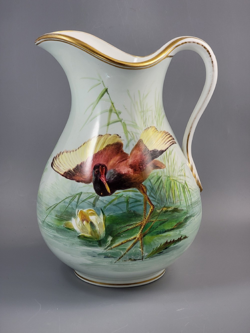 Museum-Quality Signed Minton Pitcher by Wenceslas Mussill: Jacana Bird and Calla Lilies, Retailed by Mortlock, c.1880
