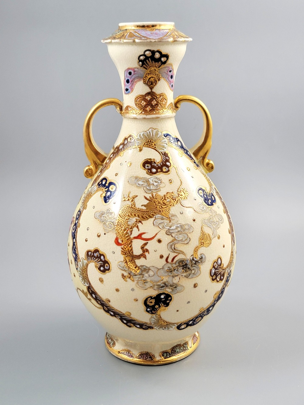 Signed Kinkozan Japanese Satsuma Vase with Dragon and Butterflies, c.1890