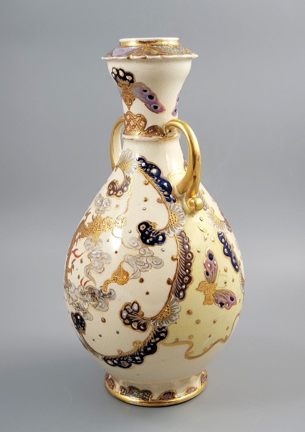 Signed Kinkozan Japanese Satsuma Vase with Dragon and Butterflies, c.1890 View II