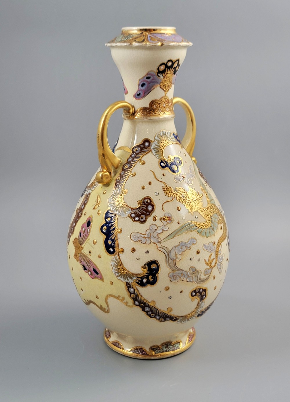 Signed Kinkozan Japanese Satsuma Vase with Dragon and Butterflies, c.1890 View IV