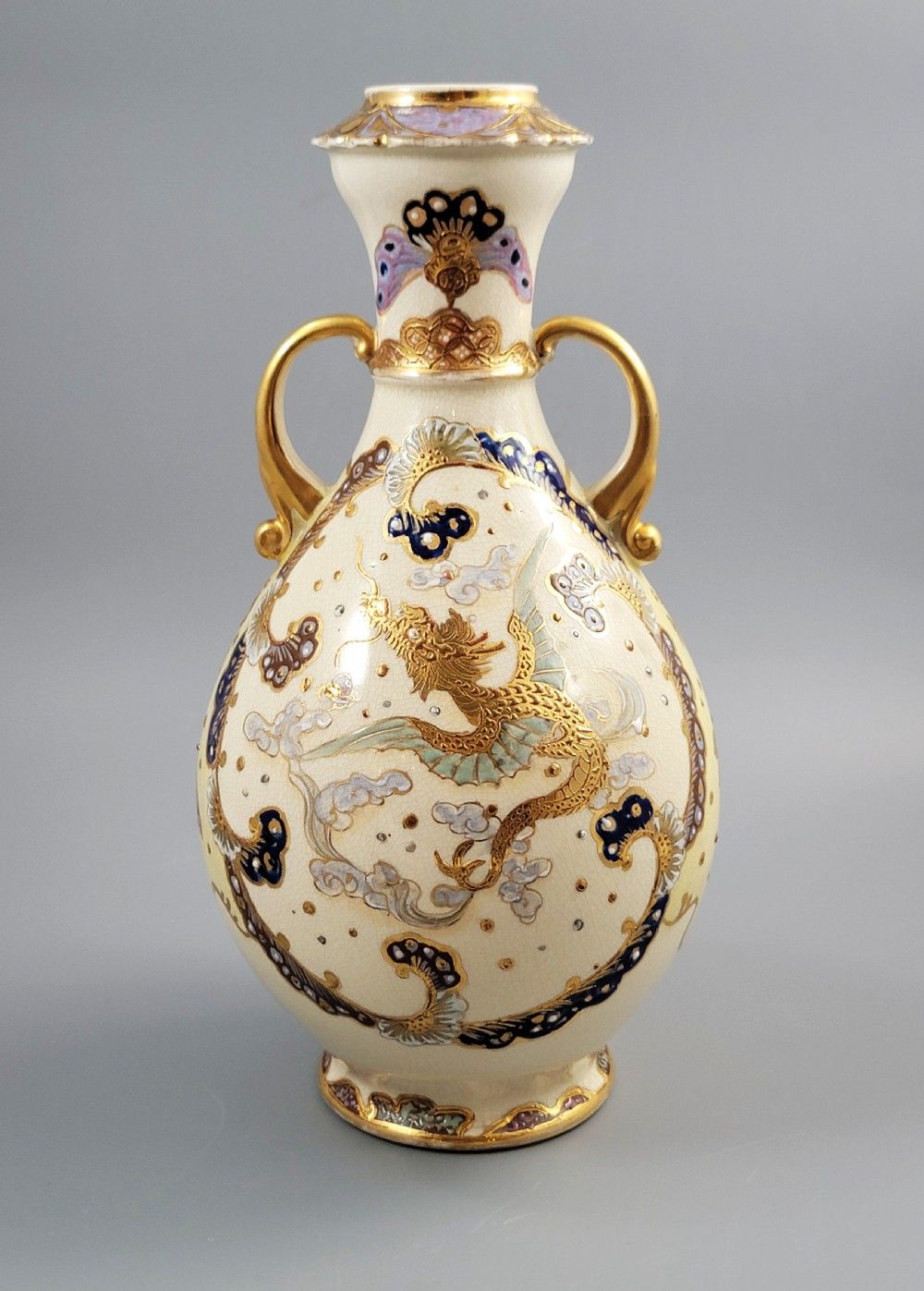 Signed Kinkozan Japanese Satsuma Vase with Dragon and Butterflies, c.1890 View V