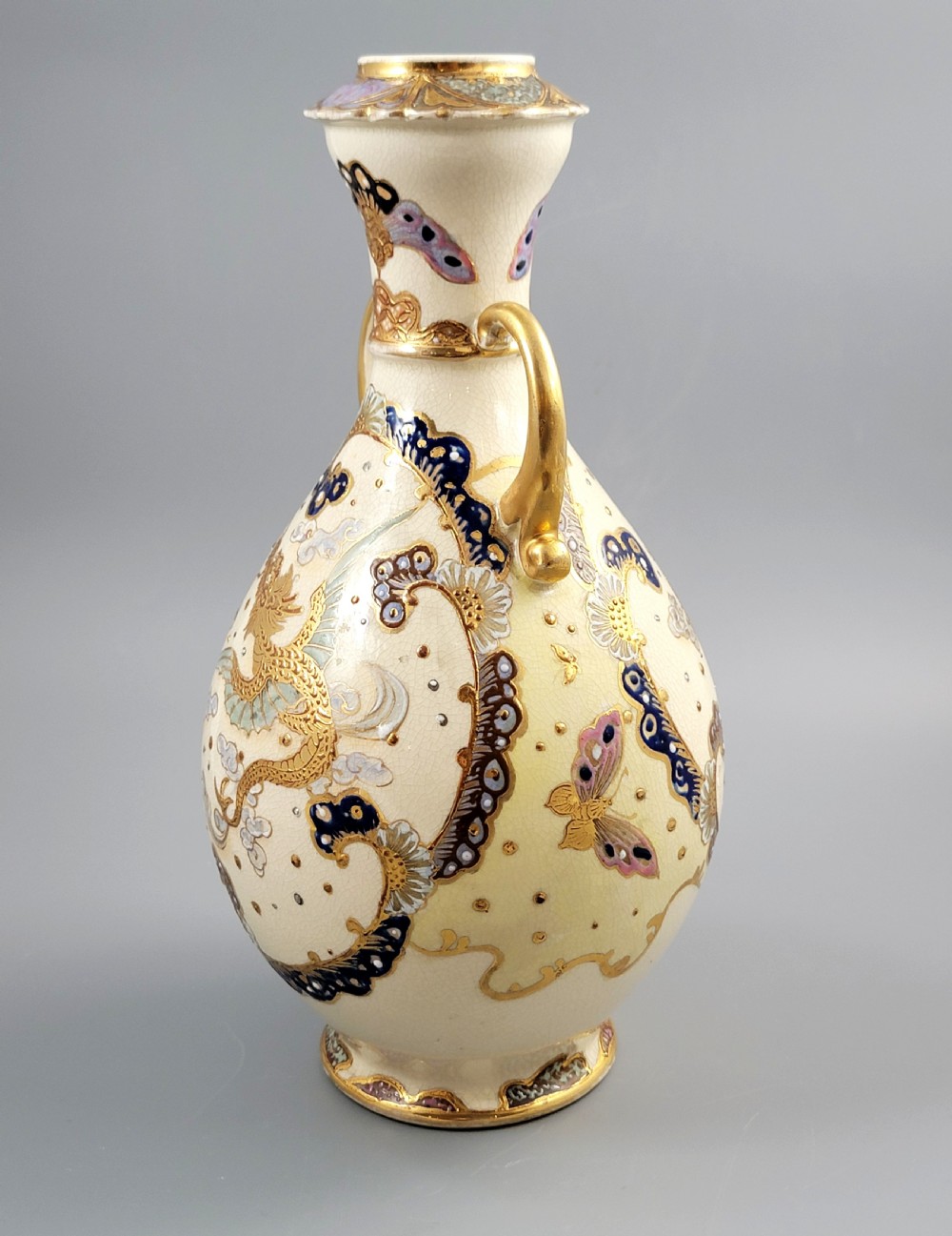 Signed Kinkozan Japanese Satsuma Vase with Dragon and Butterflies, c.1890 View VI