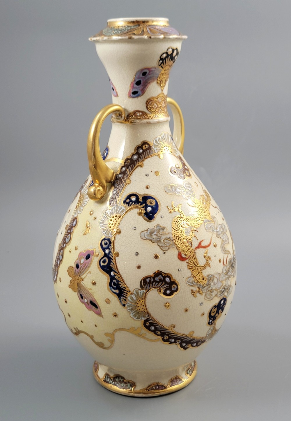 Signed Kinkozan Japanese Satsuma Vase with Dragon and Butterflies, c.1890 View VIII
