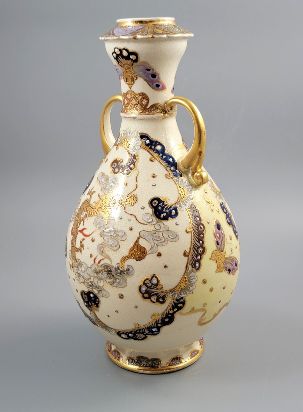 Signed Kinkozan Japanese Satsuma Vase with Dragon and Butterflies, c.1890 View IX