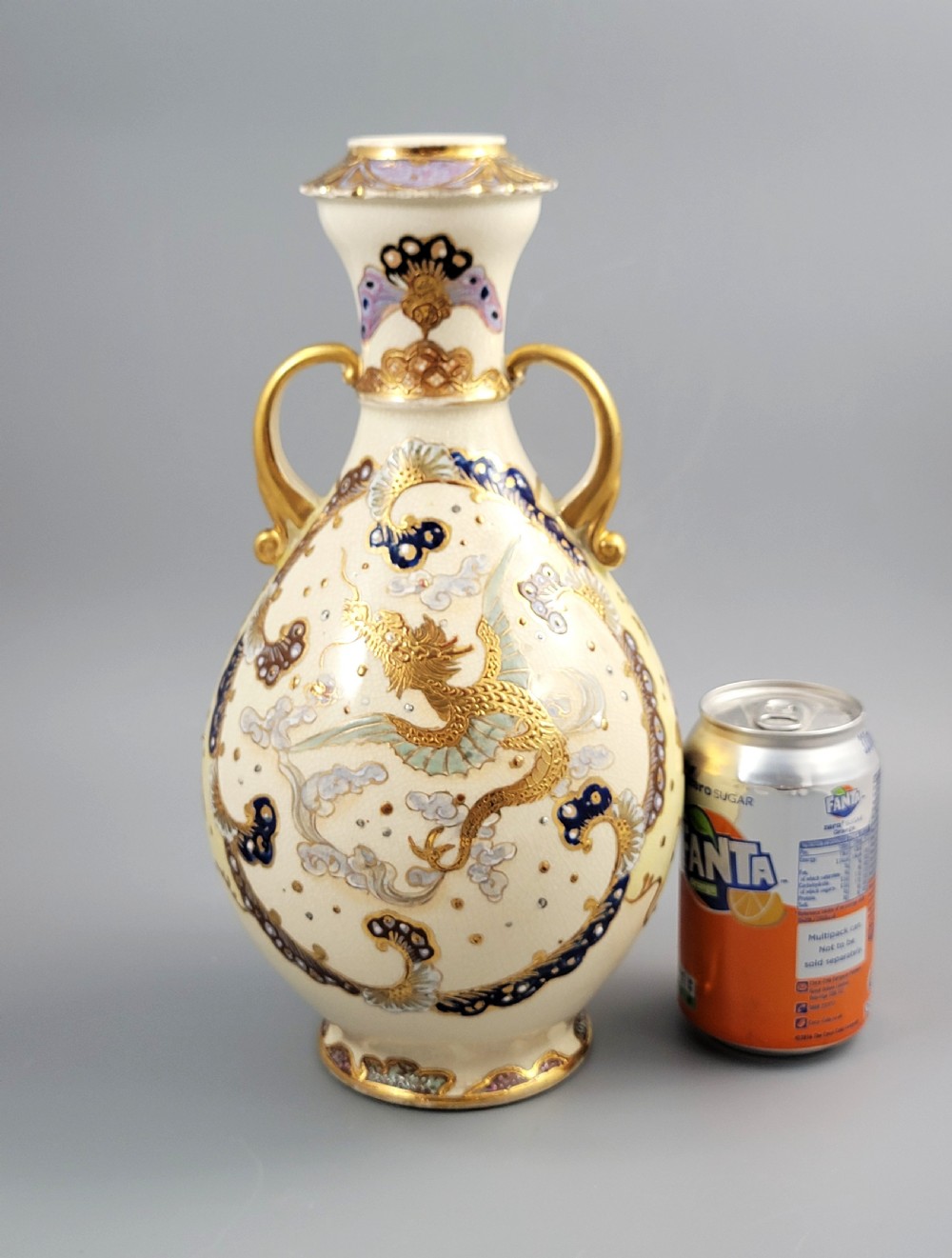 Signed Kinkozan Japanese Satsuma Vase with Dragon and Butterflies, c.1890 View XII