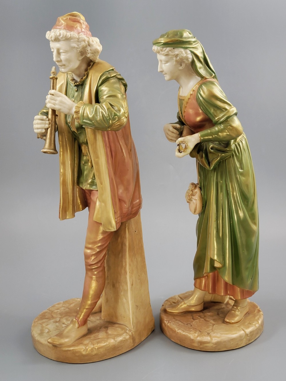 Royal Worcester Pair “Renaissance Musicians”, Exclusive Shot Enamel, 1911 View II