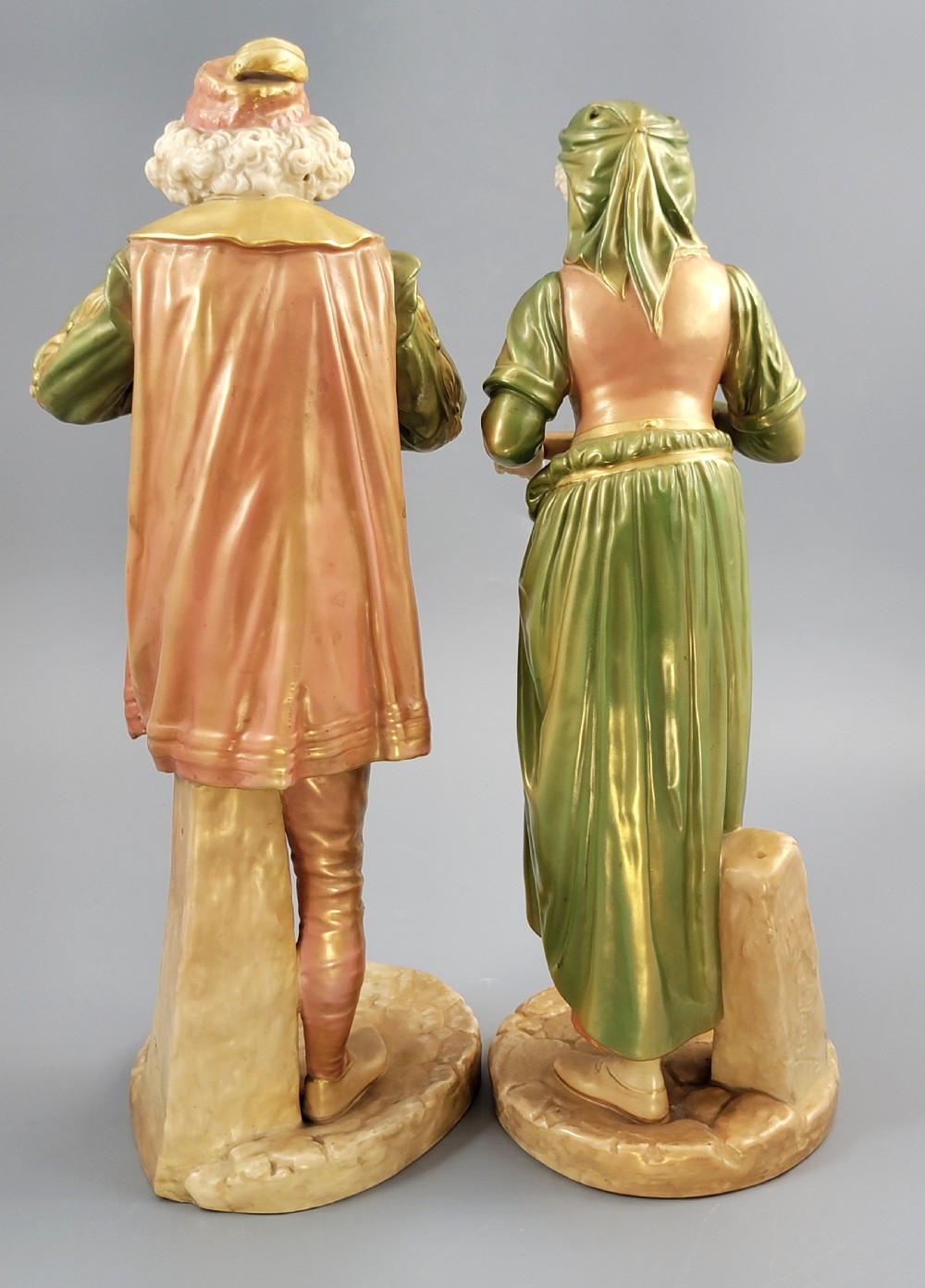 Royal Worcester Pair “Renaissance Musicians”, Exclusive Shot Enamel, 1911 View III