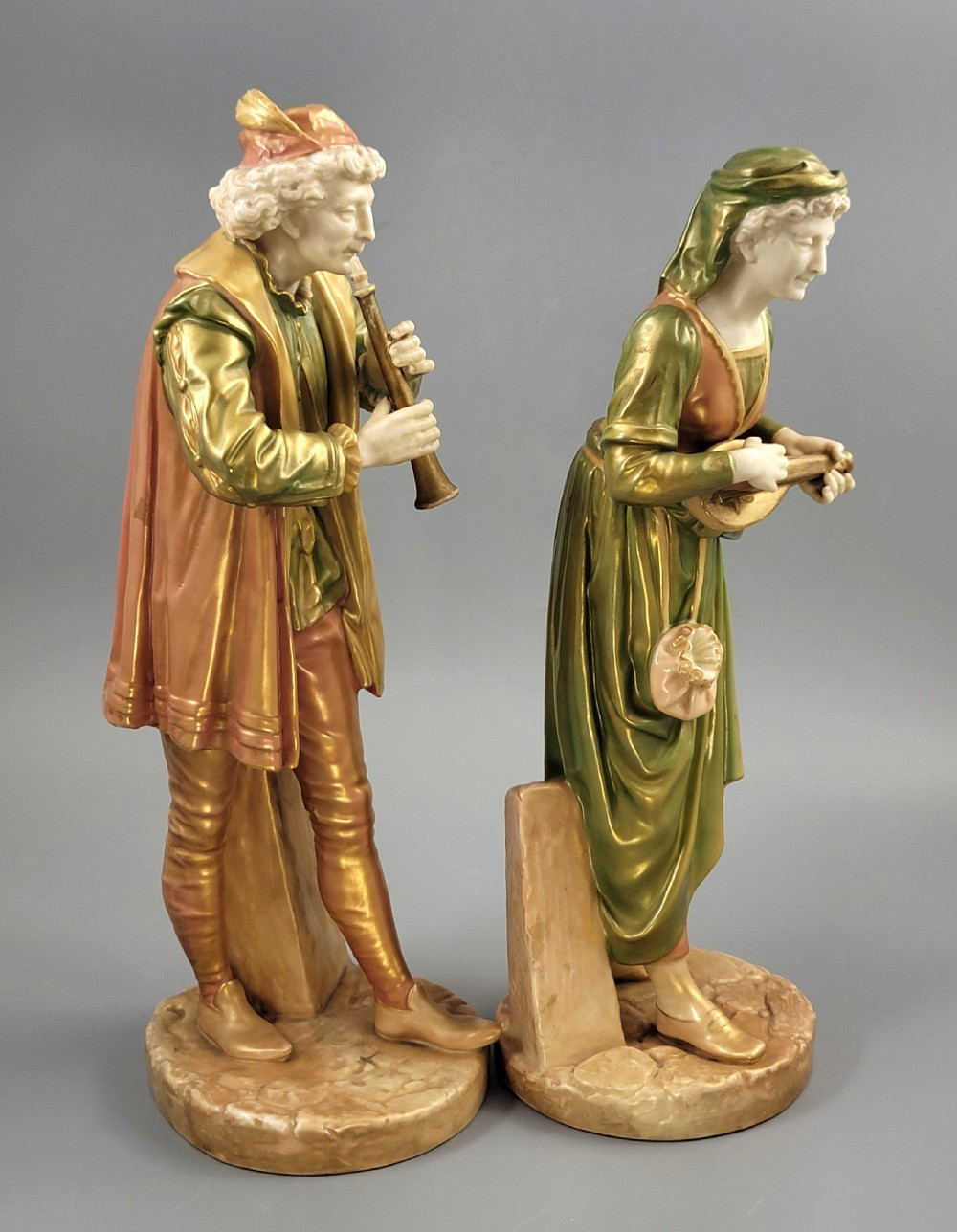 Royal Worcester Pair “Renaissance Musicians”, Exclusive Shot Enamel, 1911 View V
