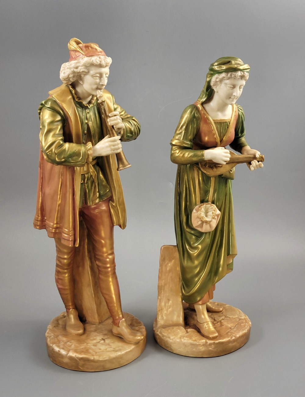 Royal Worcester Pair “Renaissance Musicians”, Exclusive Shot Enamel, 1911 View VI