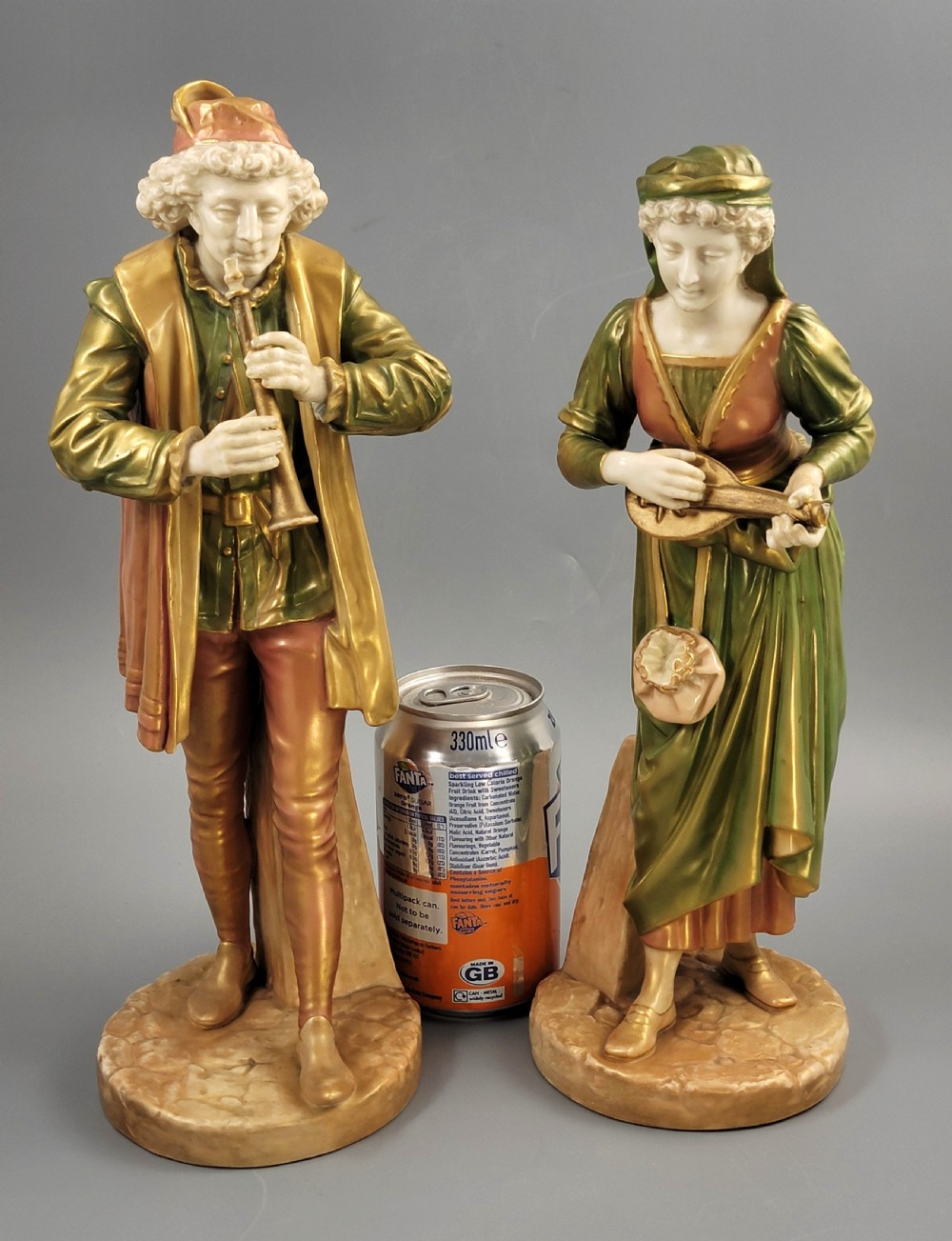 Royal Worcester Pair “Renaissance Musicians”, Exclusive Shot Enamel, 1911 View XVI