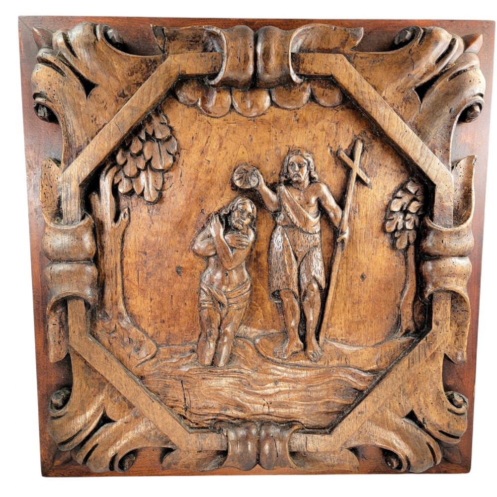 A Monumental French Louis XIII Style Carved Walnut Panel of the Baptism of Christ, 17th Century