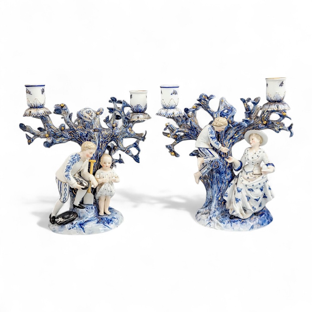 Ernst Bohne & Söhne, Rudolstadt – Pair of Blue & White Figural Candelabra, c. 1878