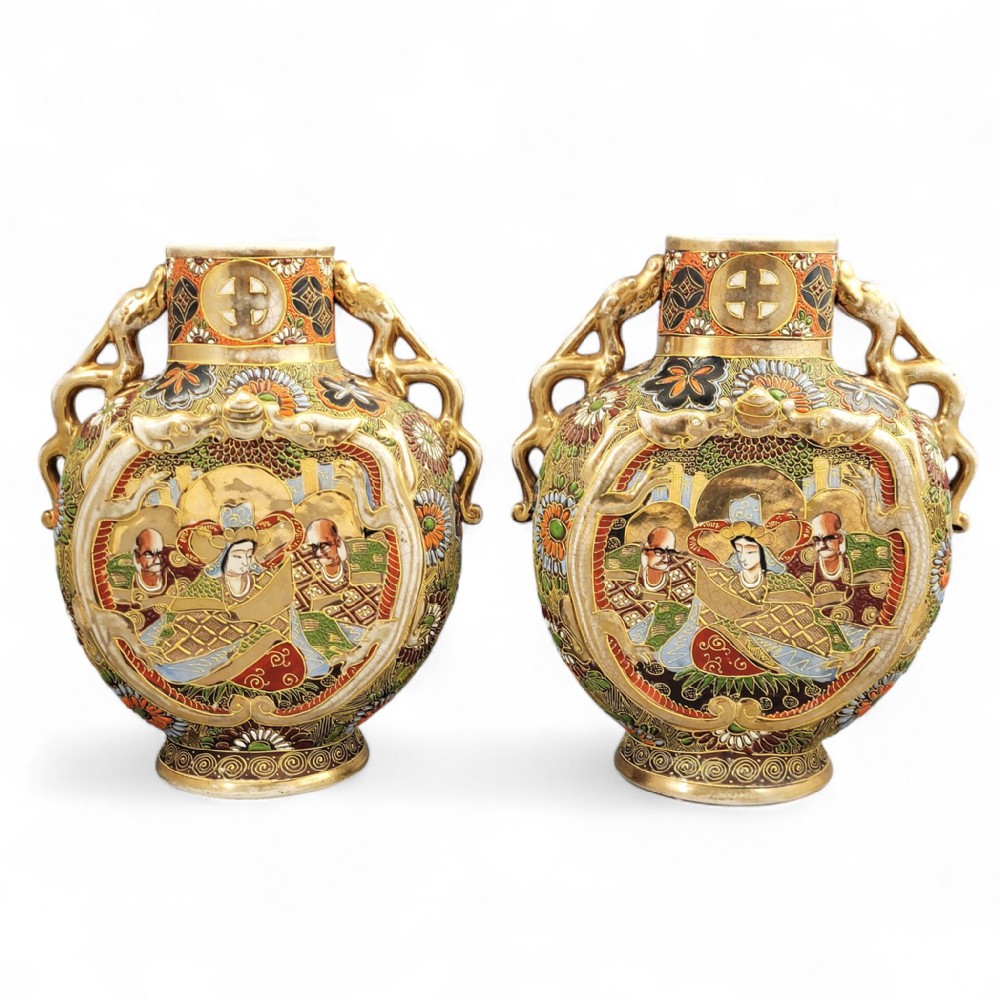 Pair of Japanese Satsuma “Moon-Flask” Vases with Dragon Handles, c. 1895–1915