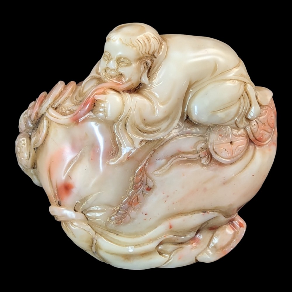 Republican-Era Chinese Shoushan Stone Seal — Liu Hai with Money Toad on Wealth Bag, China, 1930s