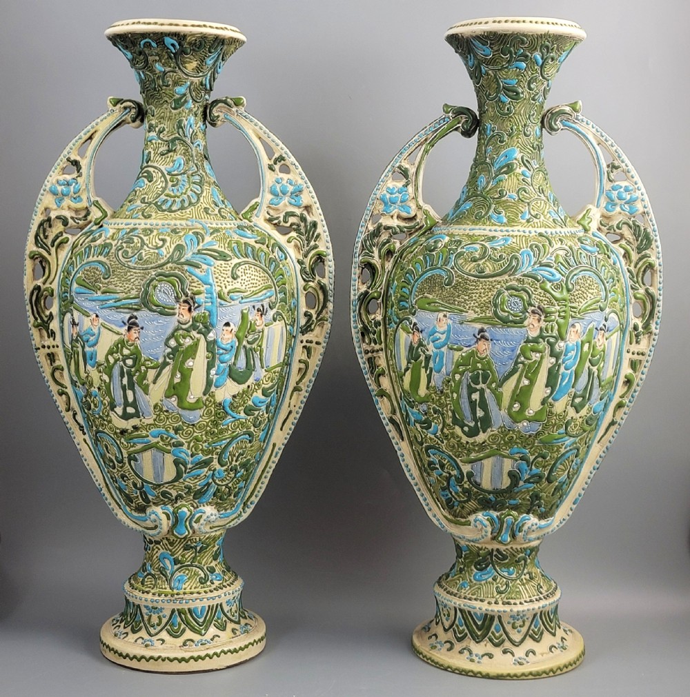 Important Pair of Monumental Japanese Meiji High-Relief Vases (47.5 cm), c. 1890
