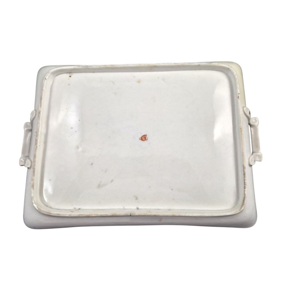 A rectangular mid-19th-century English porcelain tray featuring a dark cobalt blue ground, hand-painted exotic birds in a central oval vignette, floral reserves, and gilt handles. View III