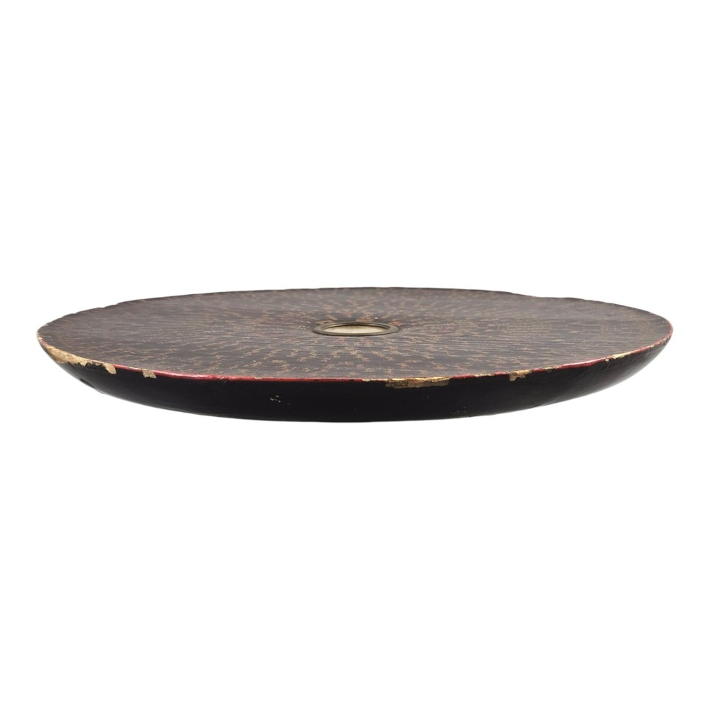 A circular antique Chinese Luopan geomantic compass crafted from dark lacquered wood featuring multiple concentric rings of gilded Chinese characters and a central brass magnetic dial. View XIV
