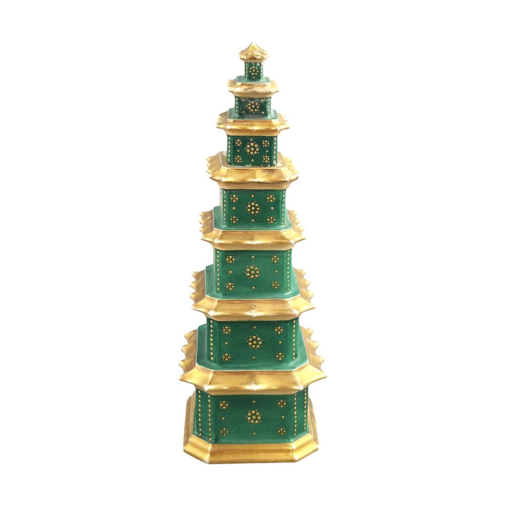 A multi-tiered green and gold porcelain pagoda-shaped perfume bottle featuring hand-painted floral cartouches on each section. View II