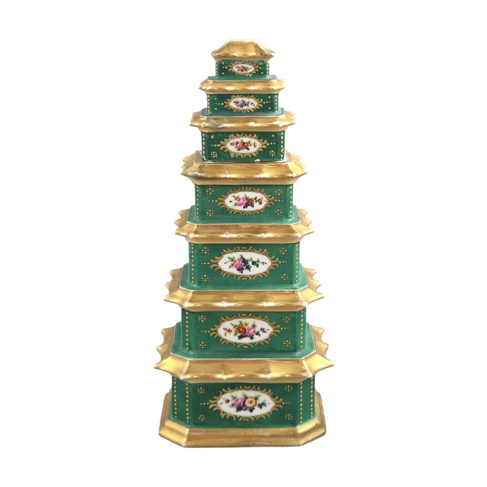 A multi-tiered green and gold porcelain pagoda-shaped perfume bottle featuring hand-painted floral cartouches on each section. View III