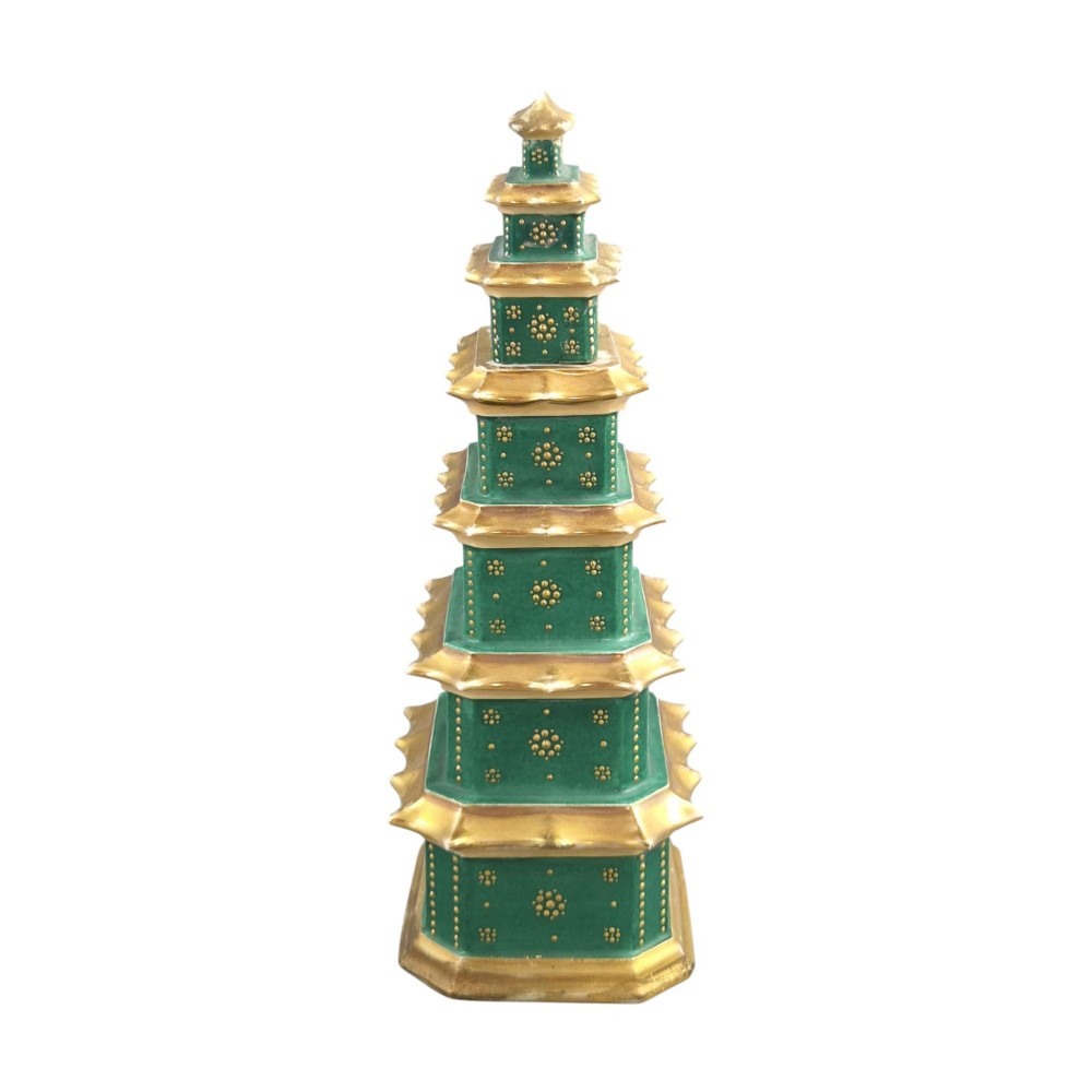 A multi-tiered green and gold porcelain pagoda-shaped perfume bottle featuring hand-painted floral cartouches on each section. View IV