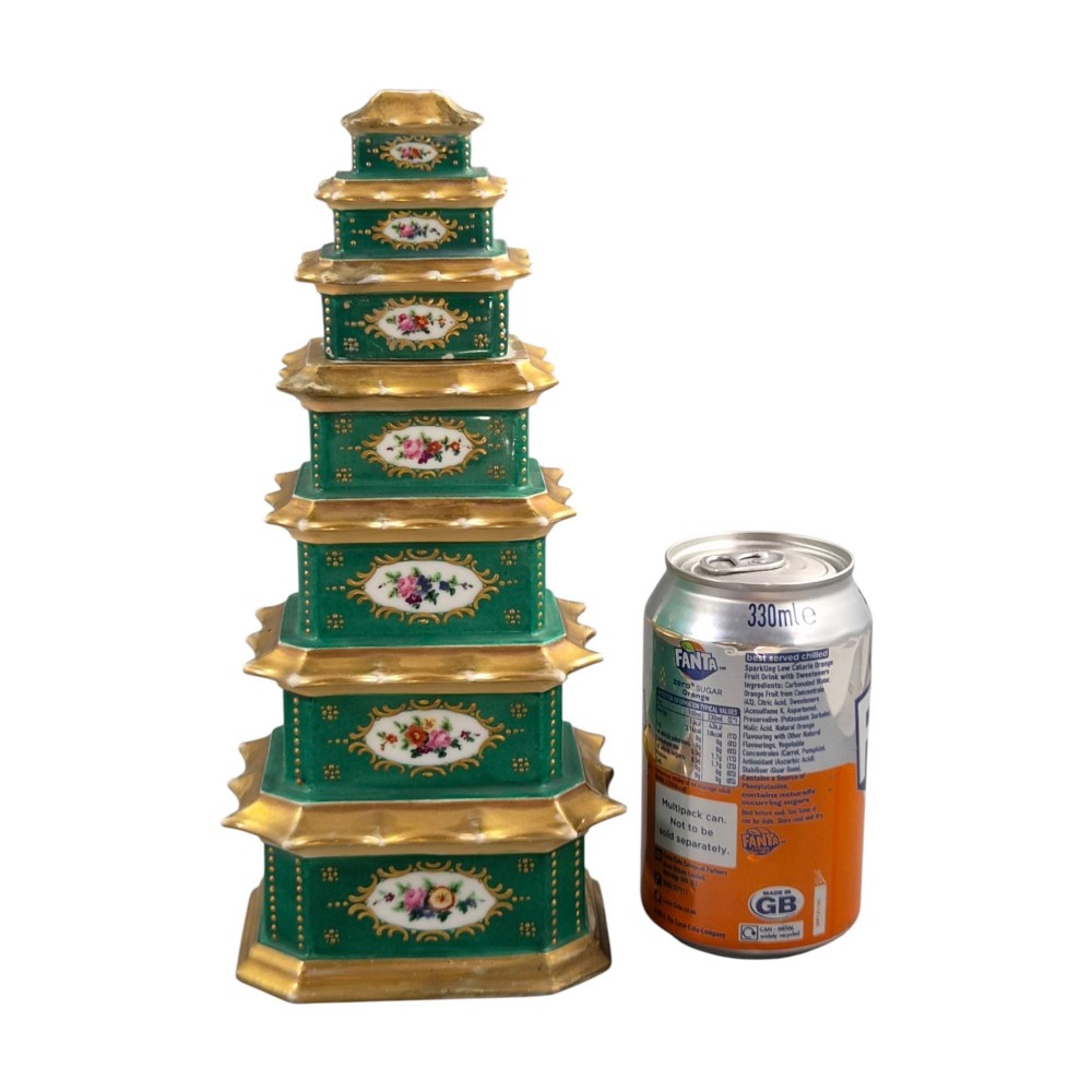 A multi-tiered green and gold porcelain pagoda-shaped perfume bottle featuring hand-painted floral cartouches on each section. View V