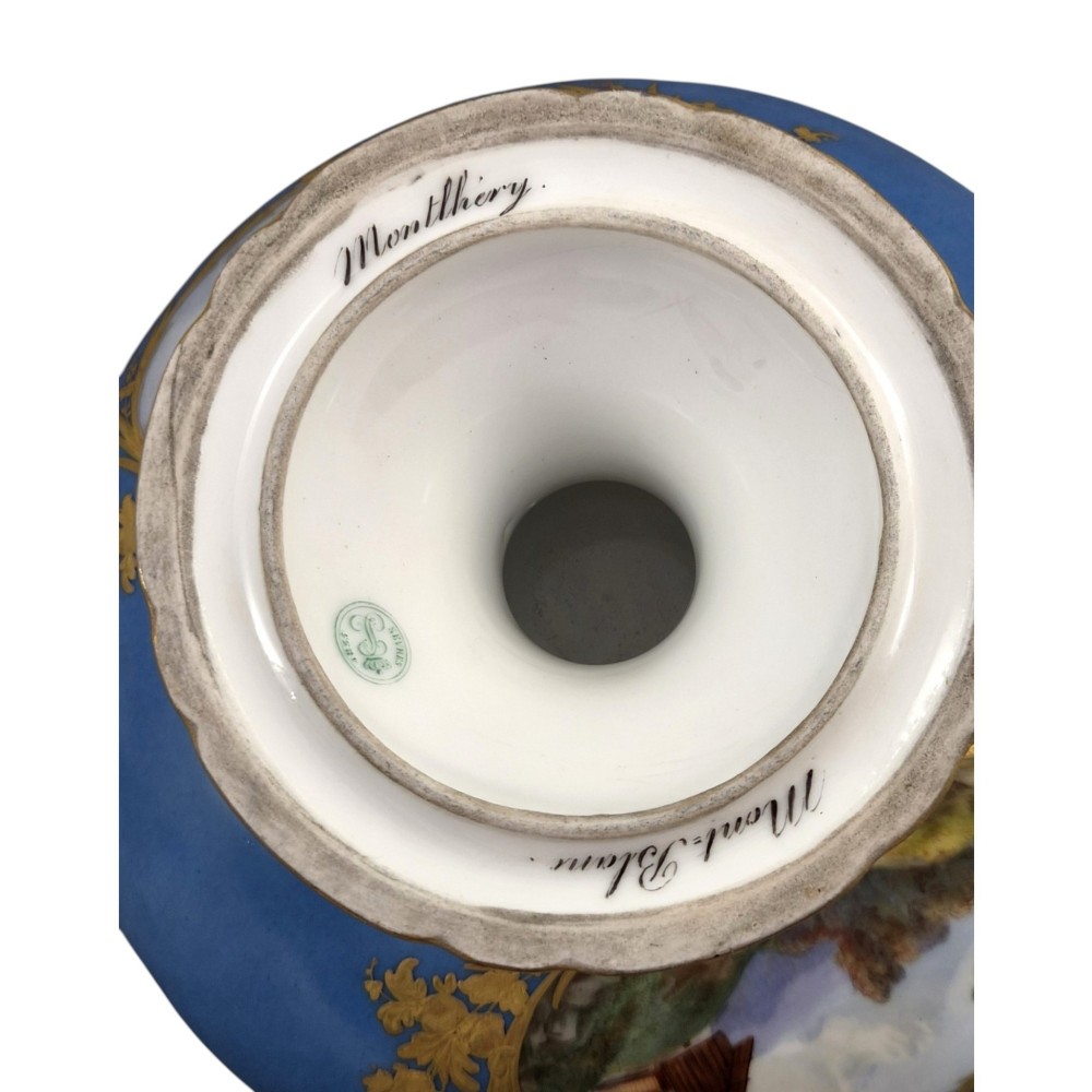 A cobalt blue and gilt porcelain tazza elevated on a pedestal base, adorned with a hand-painted winter landscape cartouche. View VI