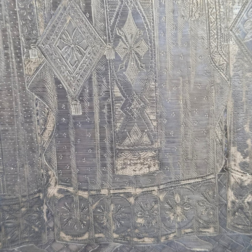 A rectangular antique Orthodox silver icon featuring repousse depictions of the Three Holy Hierarchs with detailed halos and Cyrillic script along the bottom edge. View VIII