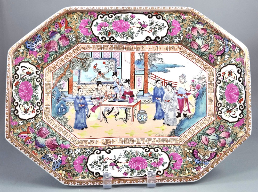 Chinese Famille Rose Octagonal Tray, Garden Court Scene, Qianlong Mark, Early 20th C