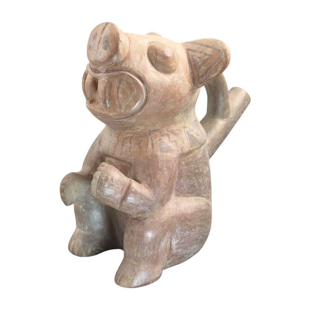 A pre-Columbian terracotta zoomorphic vessel featuring an animal form with painted geometric patterns around the neck and a integrated handle spout. View II