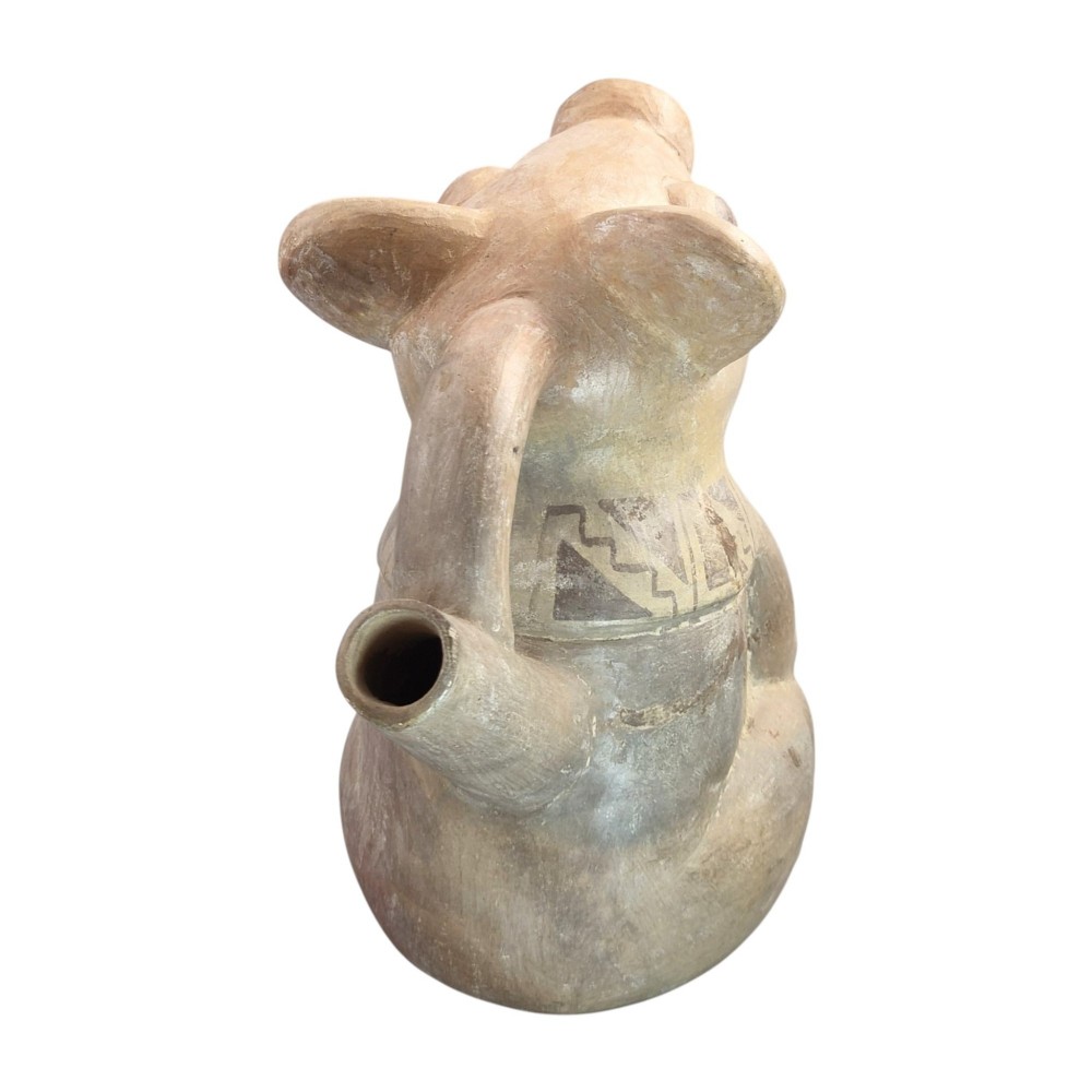 A pre-Columbian terracotta zoomorphic vessel featuring an animal form with painted geometric patterns around the neck and a integrated handle spout. View V