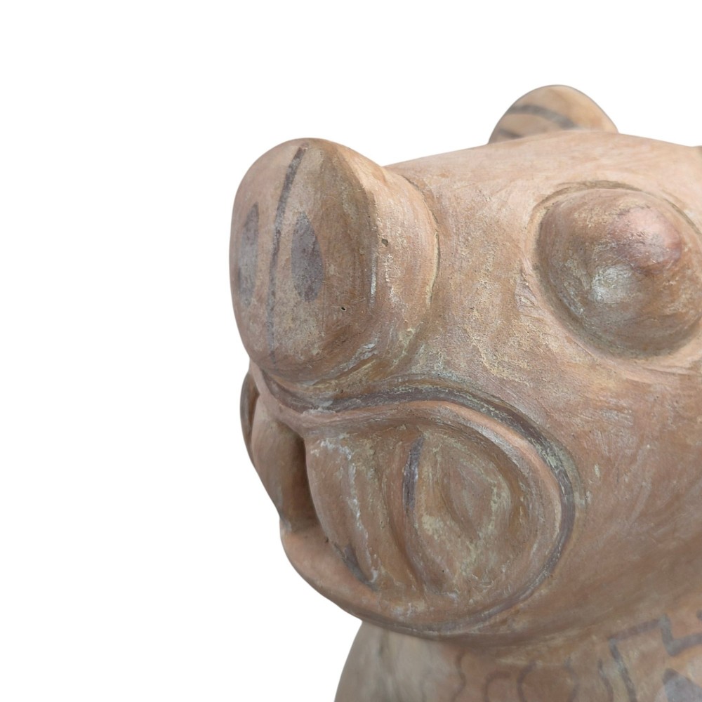A pre-Columbian terracotta zoomorphic vessel featuring an animal form with painted geometric patterns around the neck and a integrated handle spout. View X