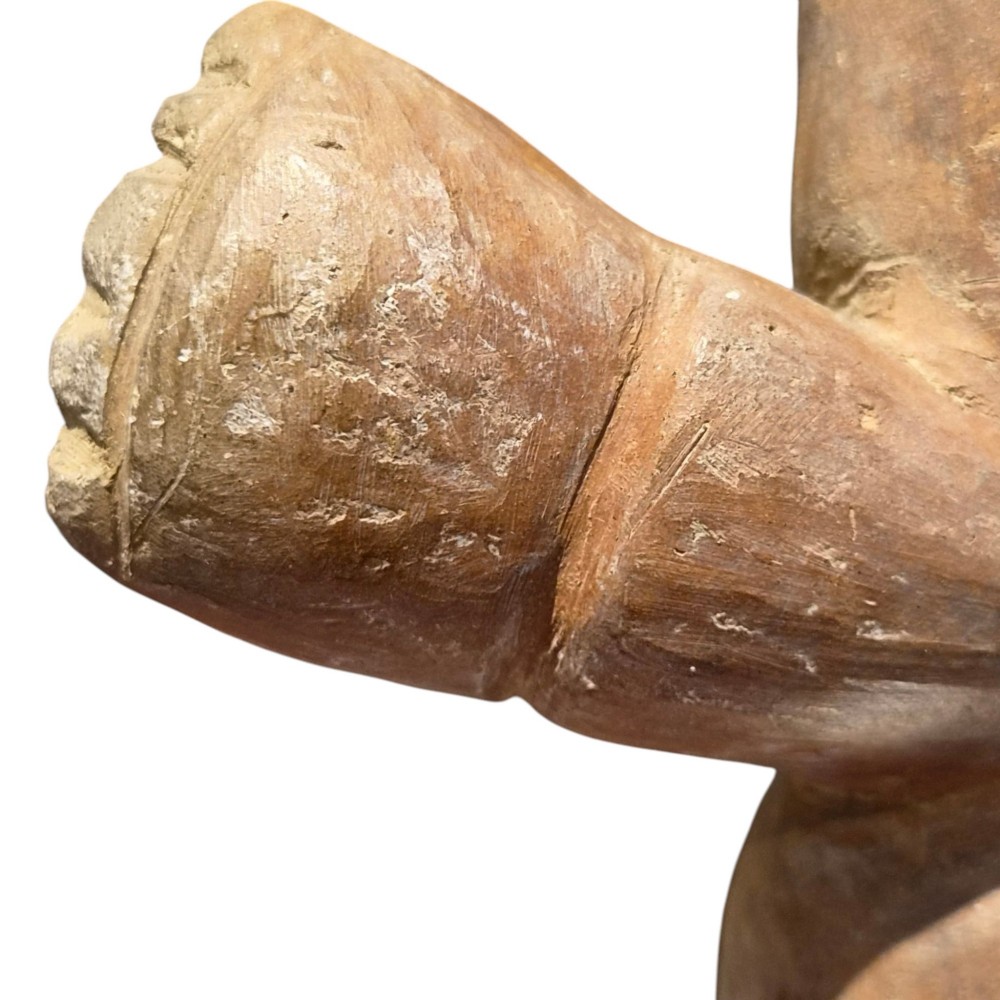A pre-Columbian terracotta zoomorphic vessel featuring an animal form with painted geometric patterns around the neck and a integrated handle spout. View XV