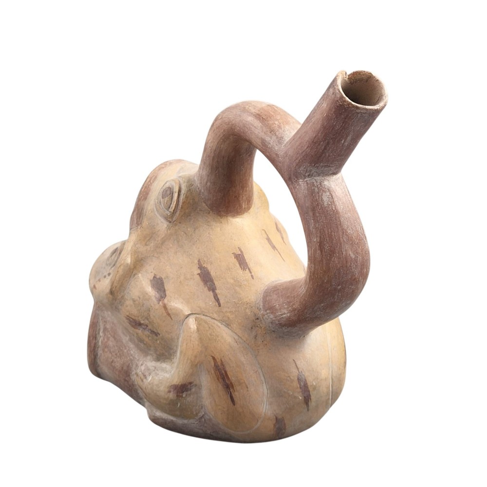 A terracotta stirrup spout vessel sculpted in the form of two stacked frogs with incised facial details and painted accent lines. View II