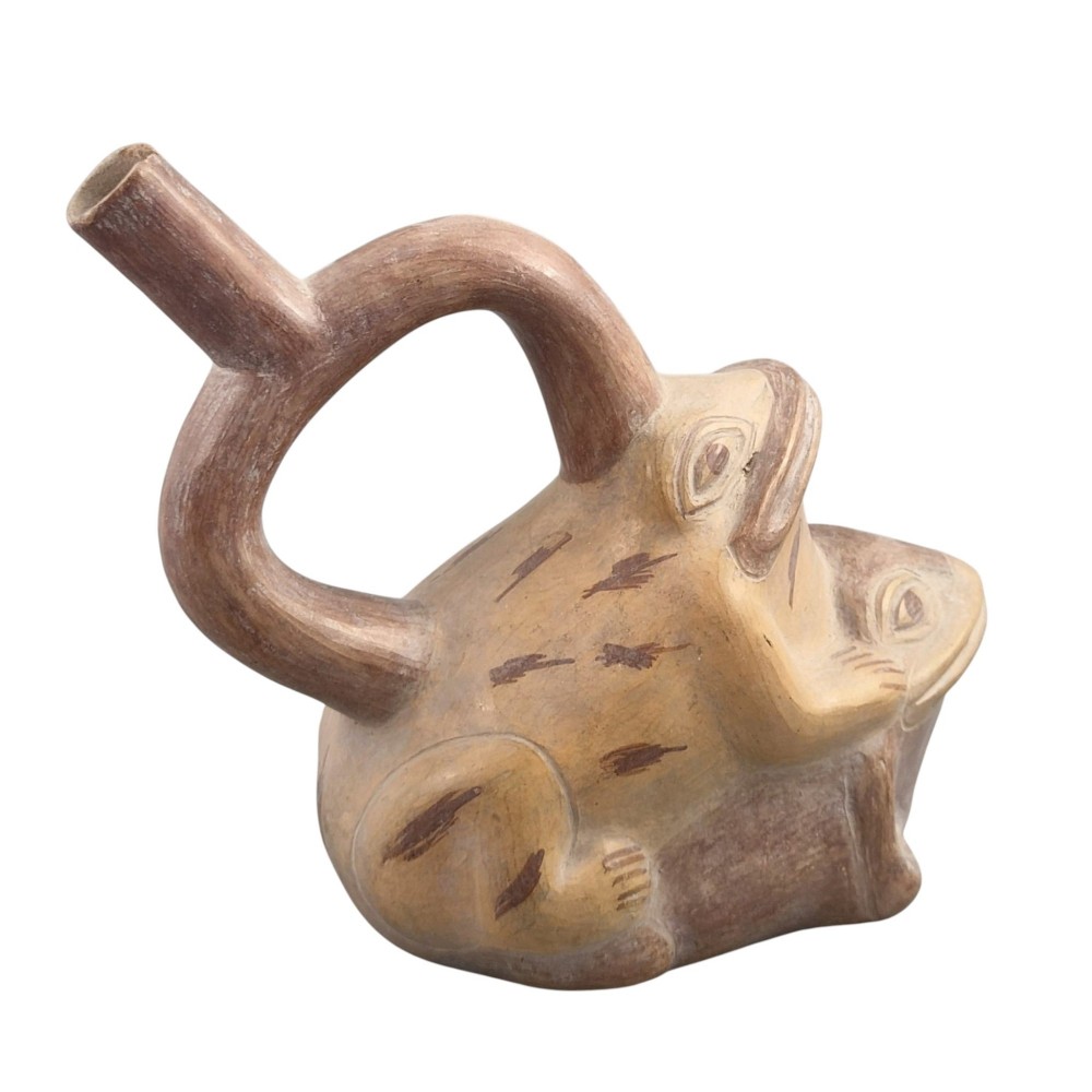 A terracotta stirrup spout vessel sculpted in the form of two stacked frogs with incised facial details and painted accent lines. View IV