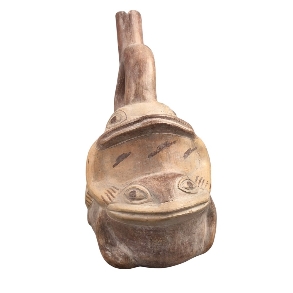 A terracotta stirrup spout vessel sculpted in the form of two stacked frogs with incised facial details and painted accent lines. View VI