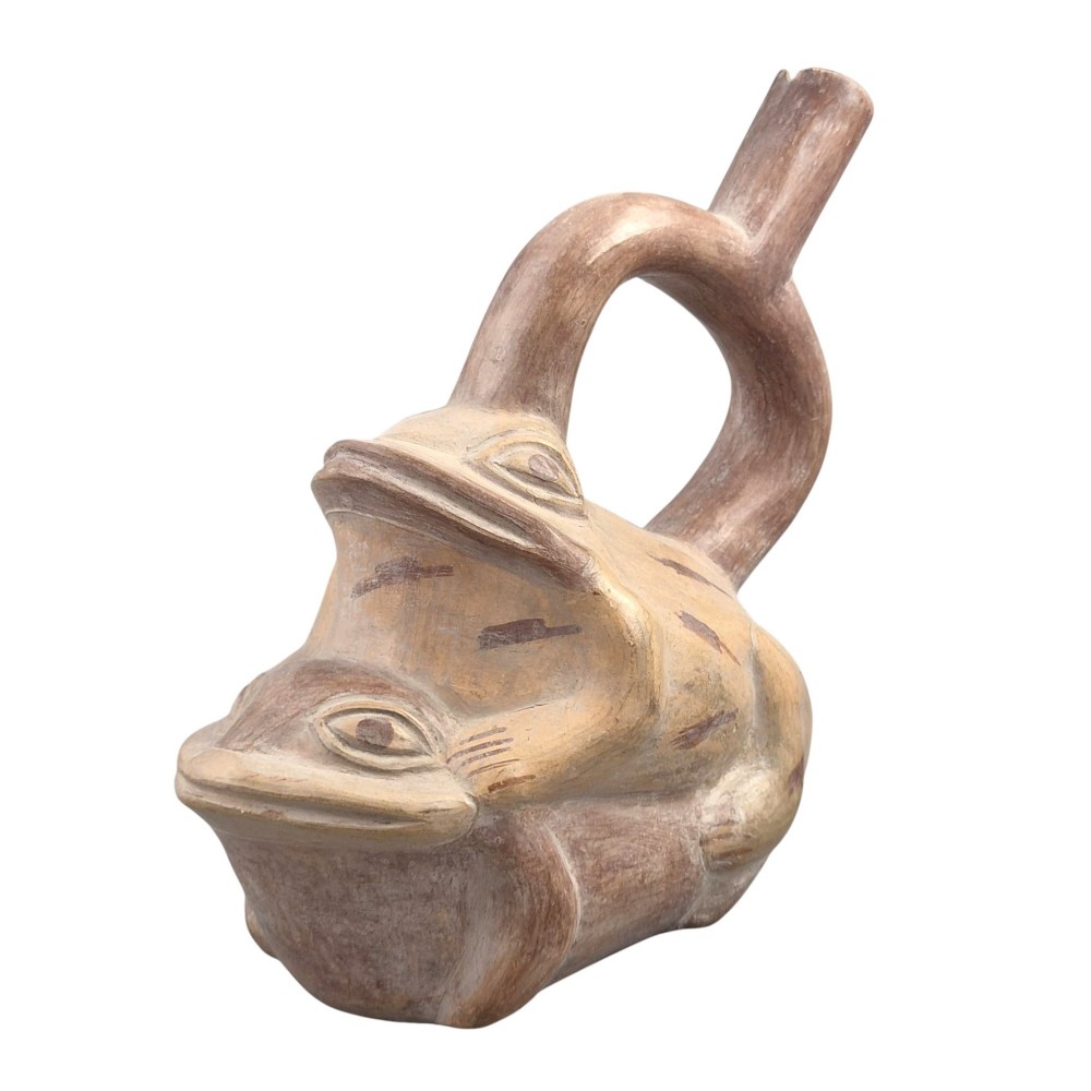 A terracotta stirrup spout vessel sculpted in the form of two stacked frogs with incised facial details and painted accent lines. View VII